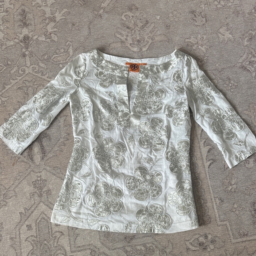 Tory Burch-White and Silver Boatneck Tunic